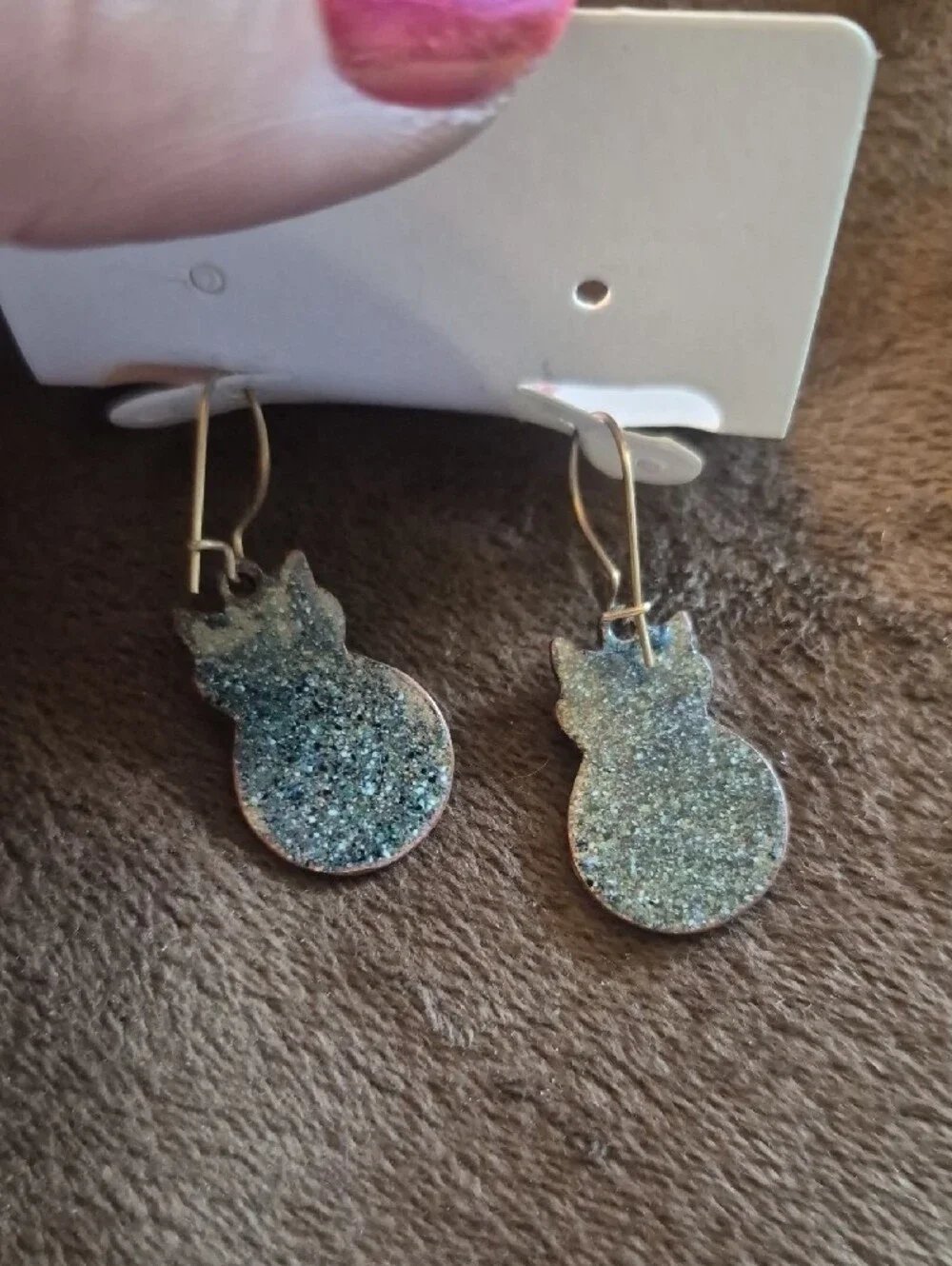 Vintage Copper Vitreous Enamel Cat Silhouette Dangle Earrings